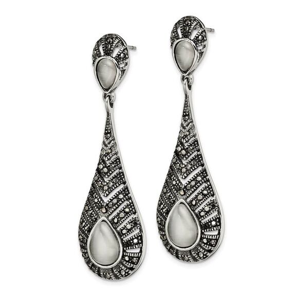 Marcasite & Cat's Eye Teardrop Post Dangle Earrings in Stainless Steel - Picture 2 of 5